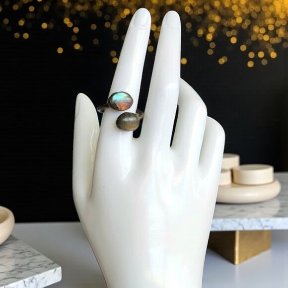 🆕 Boho Vintage Labradorite Ring Adjustable Open Wrap Handmade Copper Finish - Picture 3 of 13